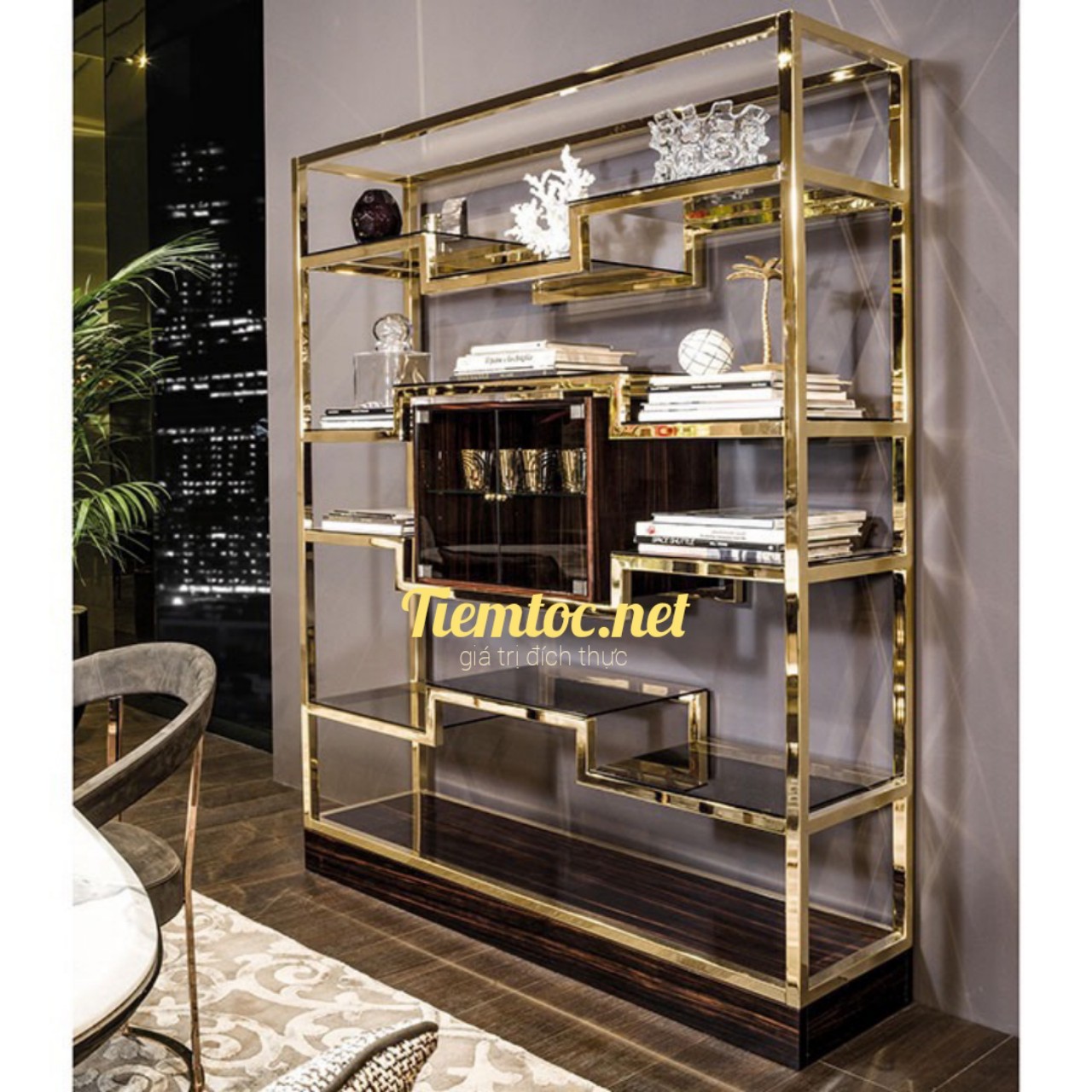 Tủ kệ trang trí inox mạ vàng